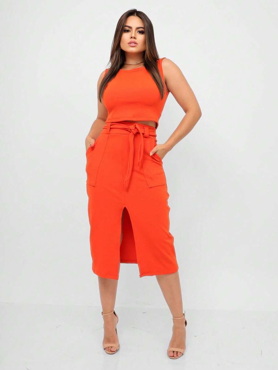 Women's Set: Midi Skirt And Cropped Top - Orange - View 1