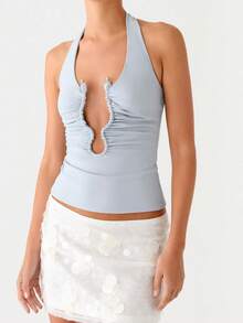 Womens Summer Halter Tops Going Out Crop Top Fashion Cutout Front With Decorative Beads Shirts Backless Coquette Cute Y2K Clothes - 藍色 - 查看 4