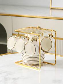 6 Set Of Luxurious Gold-Trimmed Ceramic Tea Set With Coffee Cup And Saucer, Dishwasher . Ideal For Home Kitchen, Table Decoration, Afternoon Tea, Coffee Drinking, Personalized Gifts, Kitchen Accessories, Ramadan, Parties, Birthdays, Weddings, And Dinner Parties.Valentines Gift For Him,Valentines Gift - White - View 2