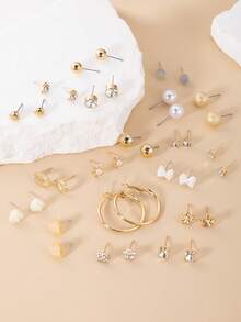 60 piezas Conjunto de aretes de moda con diseños de mariposa, corazón, rhinestone, luna, lazo, flor. Joyería de regalo adecuada para uso diario de mujeres - Amarillo Oro - Ver 2