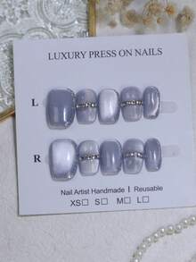 10片装短方形半透明蓝色猫眼手工按压式美甲贴片，奢华闪亮水钻装饰，持久耐用，可重复使用，全覆盖式假指甲，女士美甲用品 - 霧霾藍 - 查看 15