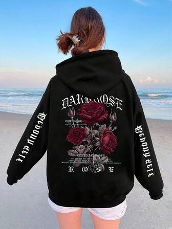 Plus Size Women's Daily Rose Flower Bud English Gothic Font Decorative Text Pattern Graphic Hooded Long Sleeves Casual Spring/Summer/Fall Women's Plus-Size Long-Sleeved Hoodie Sweatshirt Halloween Going Out Tops Women,Vacation Outfits Women