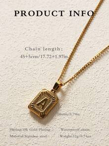 1pc 18K Gold Plated Stainless Steel Initial Letter Necklace, Square Pendant Necklace, First Letter Necklace, Cuban Chain, Gold Color Accessory, Gift For Women - Gold - View 3