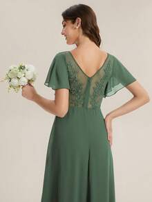 Elegant Chiffon V Neck Long Bridesmaid Dress With Short Flutter Sleeves And Ruched Waist Slit - Olive Green - View 5