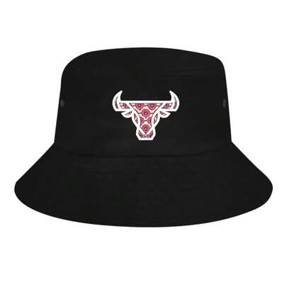 Black Bucket Hat With Bull Head Mandala Design For Outdoor Activities And Casual Wear