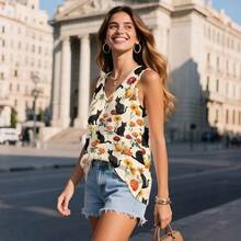 - playera sin mangas con cuello en V para mujer, estilo casual, sin mangas, ajuste holgado, blusa bsica de verano, para da festivo en la playa - G + Gato floral negro - Ver 3