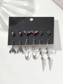 6对哥特式骷髅、十字架、蝙蝠、尖刺设计时尚耳环套装 - 彩色 - 查看 2