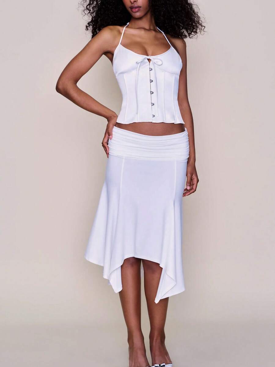 Red Satin Halter Neck Corset Top For Women, Boned Bustier Style Tank Top With Front Hook  Eye Closure, Shaping Crop Top For Party, Club, Streetwear  Night Out - 白色 - 查看 1