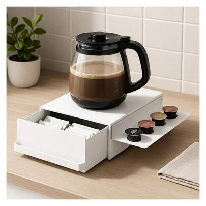 Modern Coffee Capsule Drawer Rack With Sliding Side Tray, Multi-Purpose Countertop Storage Box For Kitchens, Coffee Bars, Offices & Worktops