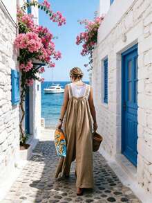 جمبسوت كاجوال للنساء بلون أحادي بدون أكمام، قصة فضفاضة، للربيع/الصيف - كاكي - مشاهدة 2