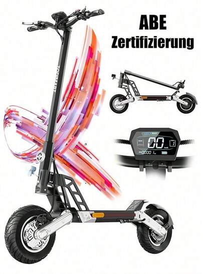 TODIMART G2 ABE hat die Straßenzulassung erhalten. Es handelt sich um ein Erwachsenenmodell mit einer Nennleistung von 500 W. Der Roller besteht vollständig aus einer Aluminiumlegierung und hat eine maximale Reichweite von 60–65 Kilometern. Er ist mit 10-Zoll-Geländereifen ausgestattet und lässt sich zum einfachen Verstauen zusammenklappen.