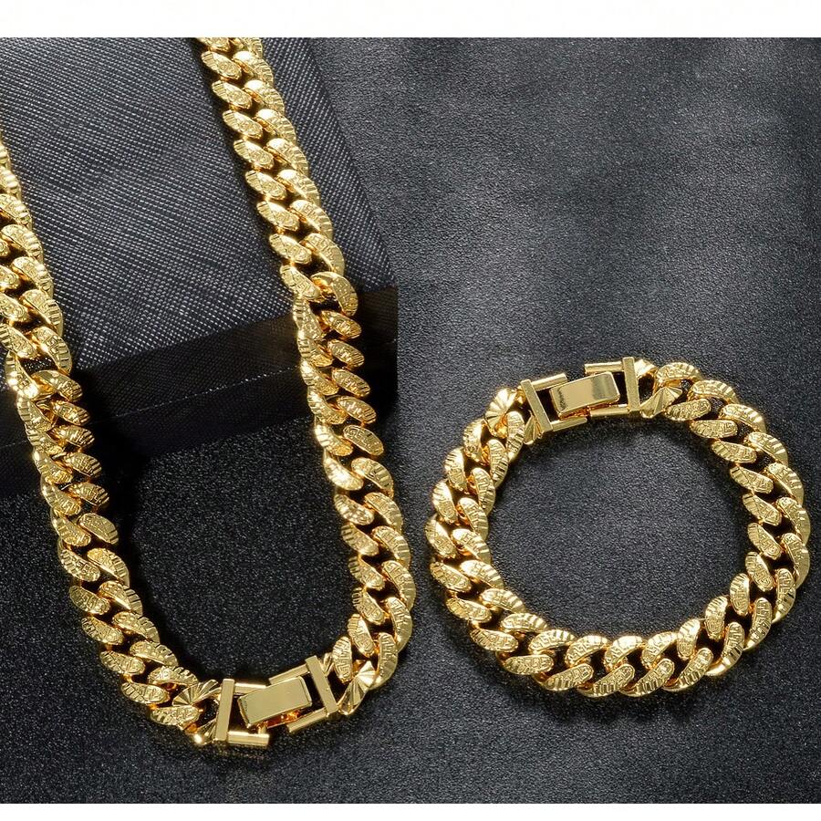 2pcs Popular Hip-Hop Street Style 14k Gold Geometric Runes Cuban Necklace Bracelet Copper Fashion Jewelry Set Suitable For Men Women Daily Party Wear - Gold - View 1