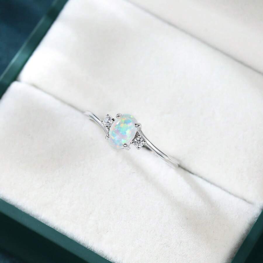 1 Peça Anel de Prata 925 com Opala Branca Oval e Detalhes de Diamante nas Laterais, Elegante e Refinado, Adequado para Noivado, Casamento, Aniversário, Dia dos Namorados, Uso Diário - Multicolorido - Visão 1