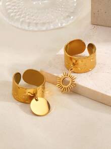 2 pièces/set Bagues géométriques en cercle plaquées or 18 carats en acier inoxydable, convient pour le port quotidien des femmes - Multicolore - Voir 3