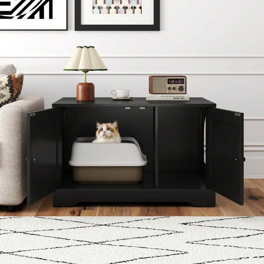 Cat Litter Box Enclosure Furniture With Double Doors Divider Side Entry For Cats Brown/Black/Gray - Black - View 1