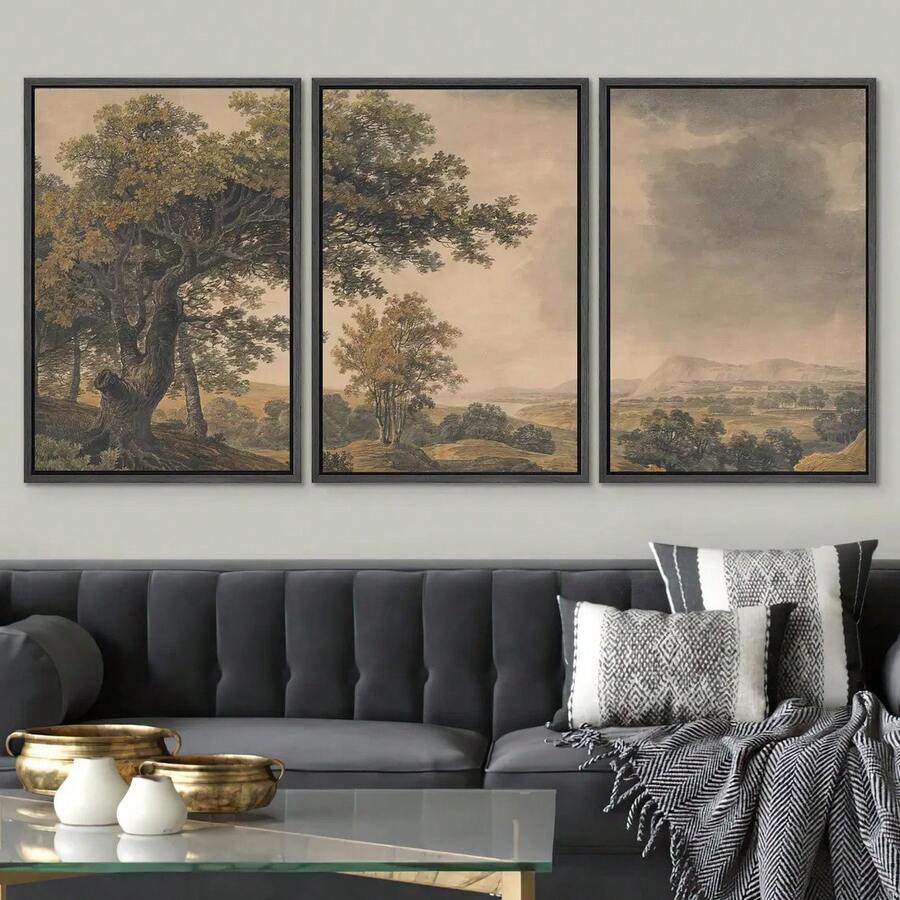 Bộ 3 tranh treo tường, tranh phong cảnh retro, tranh phong cảnh nông thôn, tranh cây cối, tranh vẽ rừng tự nhiên cổ điển trên vải canvas, trang trí phòng khách, phòng ngủ, phòng ngủ, phòng tắm, quà tặng tân gia, không khung.