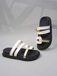 儿童露趾拖鞋一双装 - 柔软材质，防滑平底，休闲日常鞋，金色饰边，适合室内/室外穿着 - 白色 - 查看 7