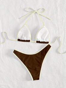 PEPPERMOLLY Bộ bikini màu trơn mới, chất liệu mềm mại, buộc dây cổ, gợi cảm, đồ bơi thời trang dành cho nữ, thích hợp cho kỳ nghỉ hè ở bãi biển. - Bánh bao gạo - Xem 2