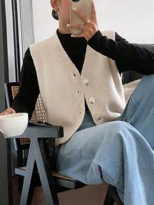 Women's Casual Solid Color V-Neck Long Sleeve Button-Up Knit Vest, Suitable For Spring And Autumn Outfits - Khaki - View 3