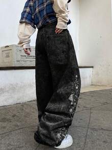 1件男士时尚街头风刺绣阔腿牛仔裤，宽松舒适，四季皆宜（不含腰带或配饰） - 灰色 - 查看 3