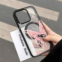 Pink Butterfly Suitable for  galaxy S21 S22 S23 S24 S25 ULTRA PLUS FE TPU material+acrylic backplate magnetic convenient wireless charging creative personality high-end new product phone case protective cover - PZ146Mariposa rosa SKUSlice2 - Ver 1