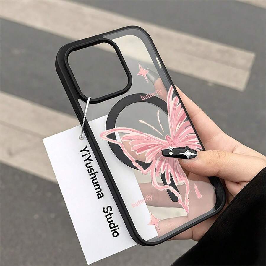 Pink Butterfly Suitable for  galaxy S21 S22 S23 S24 S25 ULTRA PLUS FE TPU material+acrylic backplate magnetic convenient wireless charging creative personality high-end new product phone case protective cover - PZ146Mariposa rosa SKUSlice2 - Ver 1