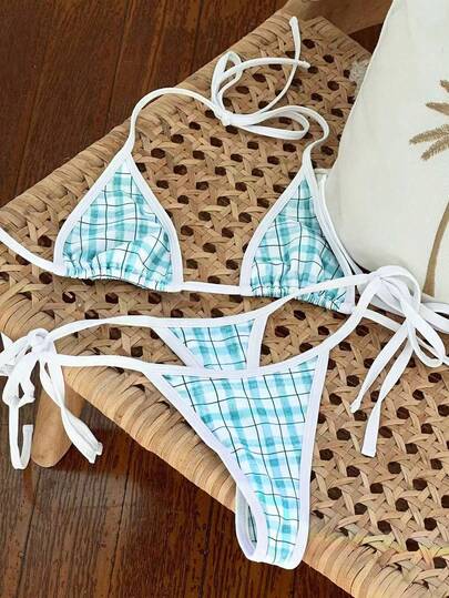 Women's Summer New Blue & White Plaid Halter Tie Fashionable Casual Elegant Sexy Beach Holiday Party Bikini Swimsuit Set Vacation