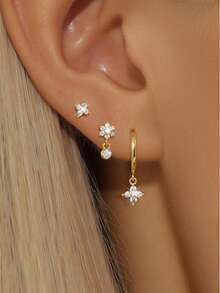 3PCS Light Luxury Exquisite Fashion Zirconia Flower Stud Earrings Set For Women 18K Gold Plated Small Snowflake Pendant Earring Engagement Birthday Jewelry Gift - 3pcs for One Ear - View 2