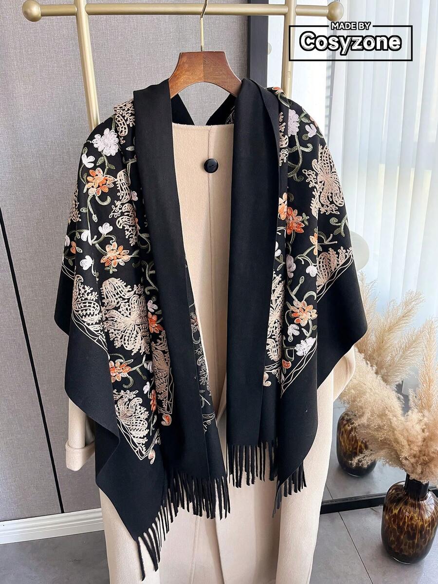 1件装女士秋冬仿羊绒刺绣围巾，加厚保暖流苏刺绣波西米亚风旅行披肩斗篷 - 黑色 - 查看 1
