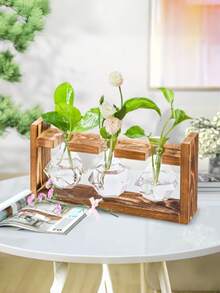 1 Set Wood Base Glass Vase - Hydroponic Plant Stand With Cultivation Station, Desktop Glass Container With Wooden Rack, Fashionable Home And Office Decor, Ideal Gift For Plant Lovers - Multicolor - View 10