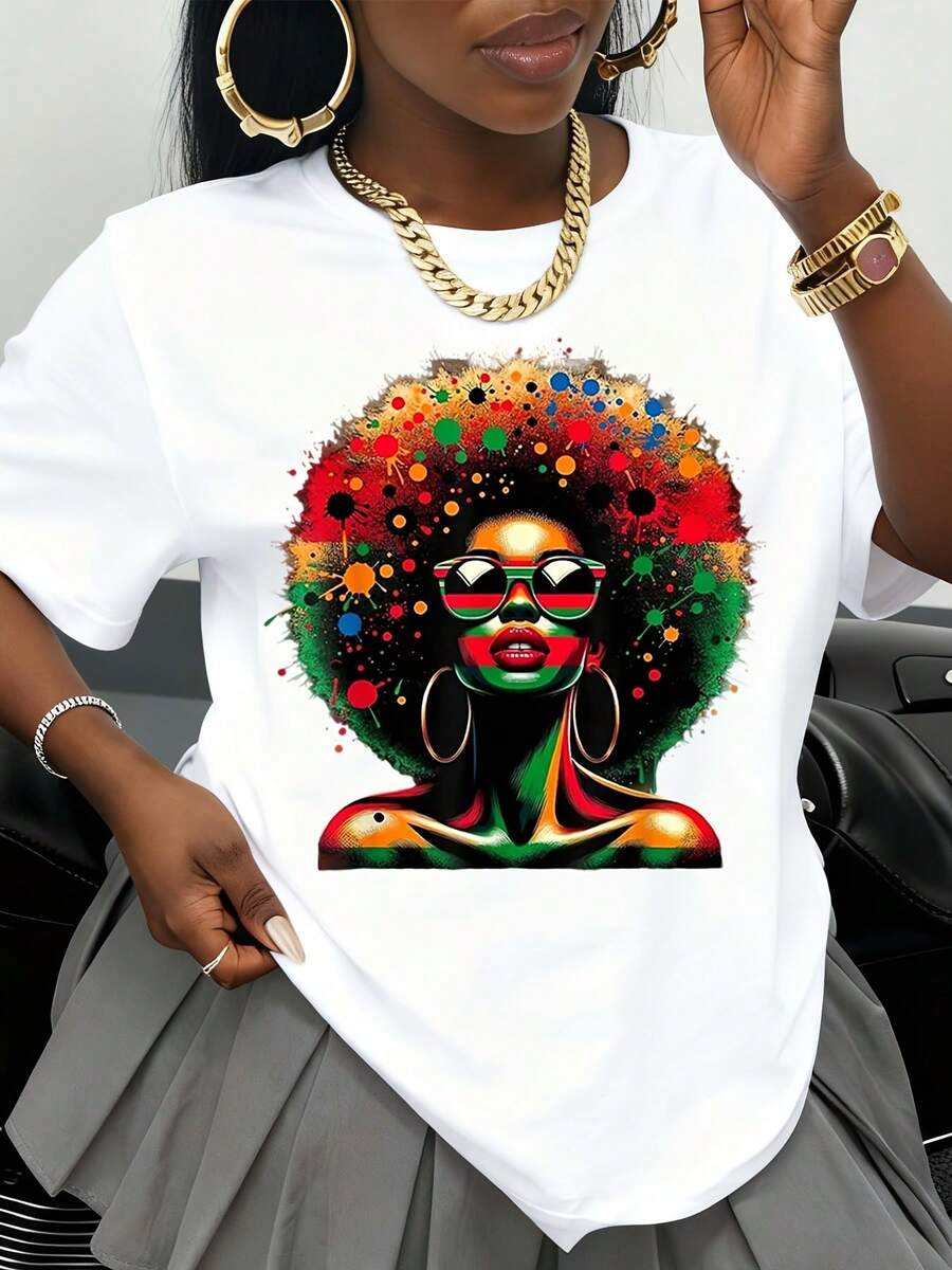 Colorful Afro Woman Graphic T-Shirt With Vibrant Art Design For Women Fashion Statement Piece Summer Casual Wear Black History Month Gift - 白色 - 查看 1