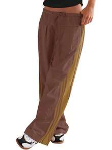 Women's High Waist Baggy Wide Leg Track Pants Drawstring Striped Palazzo Pants With Pockets - màu nâu - Xem 5