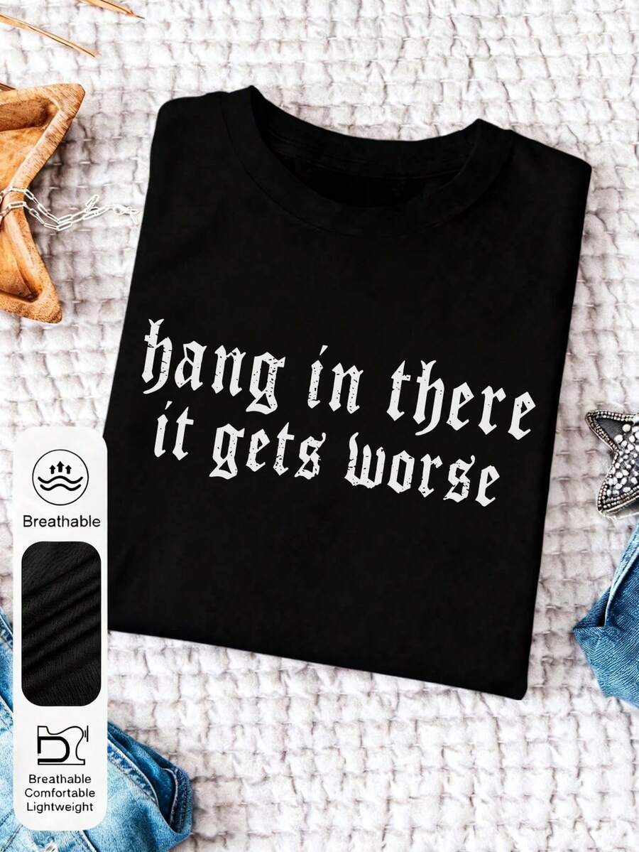 Plus-Size Printed T-Shirt, Women's Simple And Stylish Regular Casual T-Shirt, Suitable For All Seasons. - 黑色 - 查看 1