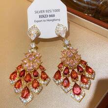 1 Pair Vintage Luxurious Red Rhombus  Hollow Pendant Earrings Creative Fashion Light Luxury Gorgeous Temperament Copper Plated High-End Feel Women's Earrings Suitable For Women's Parties Banquets Festivals - 紅色 - 查看 3