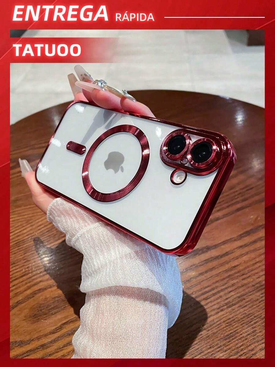 1 Piece Plating Phone Case With Camera Protection, Magnetically Induced Ultra-Thin TPU Clear Case, Compatible With Apple 16/16Pro/16Plus/16Pro Max - Red - View 1