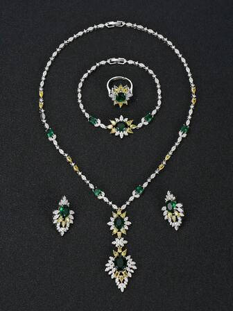 1 Set de 5 piezas de Joyería Lujosa con Flores Coloridas de Circonita: Collar, Aretes, Pulsera, Anillo, Accesorios de Boda y Fiesta de Alta Gama, Regalo