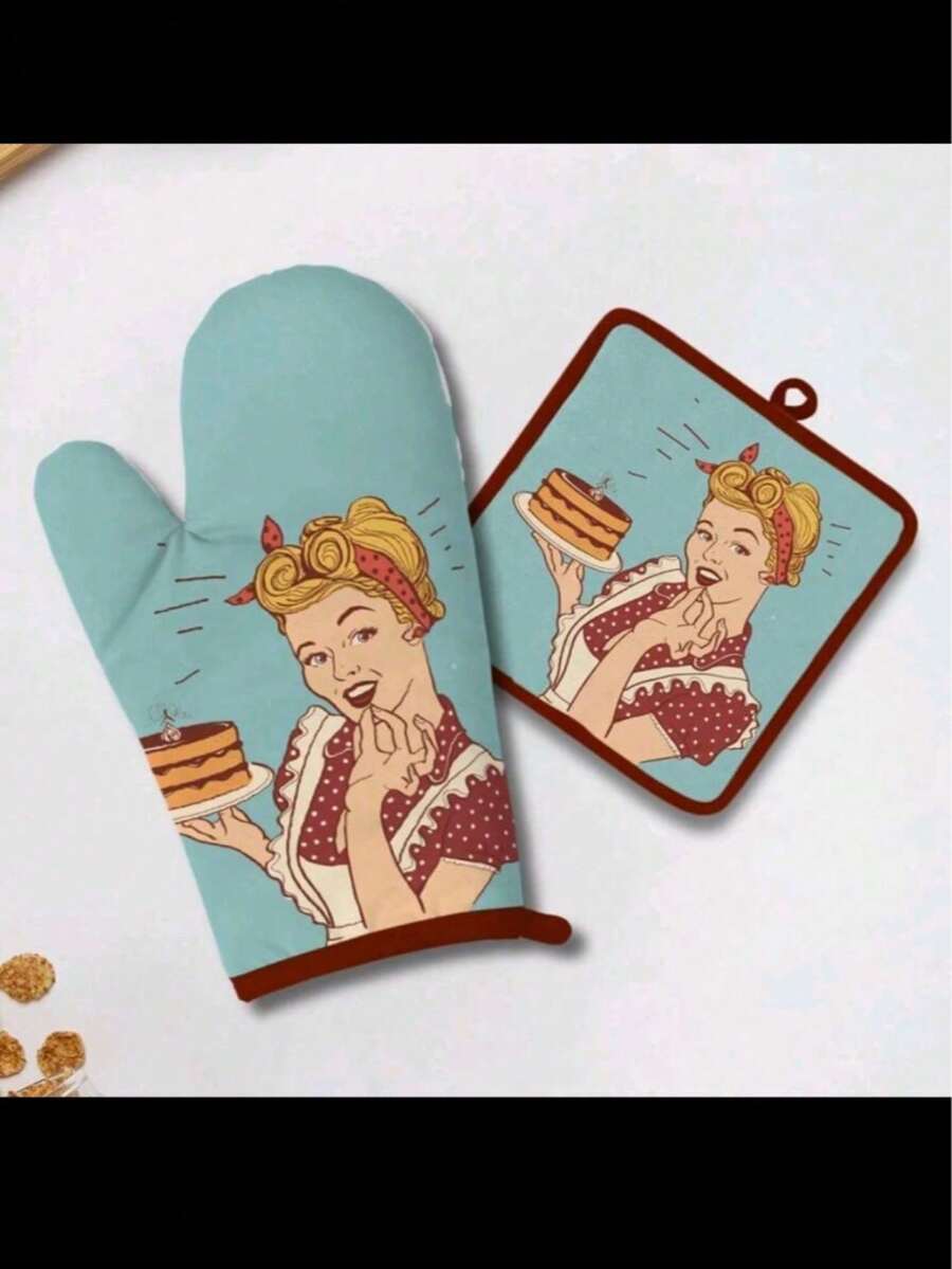 1 Set Including 1 Pair Heat Resistant Gloves And 1 Piece Heat Resistant Mat, Made Of Polyester Fiber, Cartoon Pattern, Home/Kitchen Oven Gloves, Baking Gloves With Heat Resistant Mat, Thanksgiving, Halloween Protection Set - Multicolor - View 1