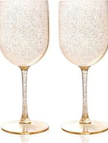 1/2/6/15pcs 16oz Plastic Glitter Stemmed Wine Glasses, Unbreakable/Party Wine Cups - Transparent Shimmering Gold - View 6