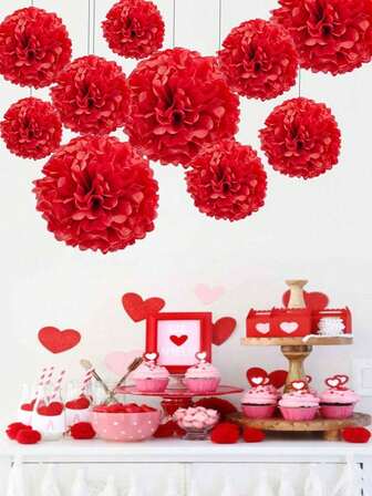 12pcs Christmas Party Decorative Paper Flower Balls, Red Paper Flower Balls, Birthday Party Background Decor Pom Poms, Suitable For Christmas, Valentine's Day, New Year Holidays, Anniversary, Wedding Decoration