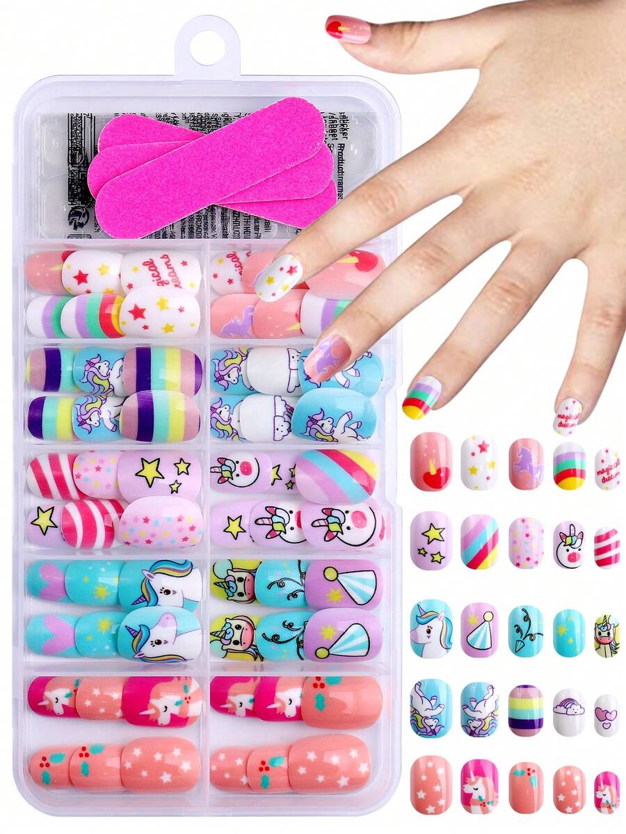 NAIO 120 pièces/set Autocollants d'ongles à presser style Baddie Y2K pour enfants, en matériau acrylique, pré-enduits de gel, couvrance intégrale, motifs pailletés et mignons incluant des éléments arc-en-ciel, licorne, cœur et étoile, autocollants d'ongles adhésifs courts, livré avec 3 pièces de gel de gelée et 3 pièces de lime à ongles, parfait pour les petites filles - thème licorne mignon. Fournitures pour ongles - Multicolore - Voir 1