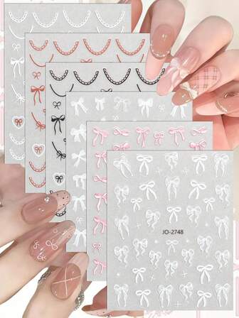 3 Sheets 3D Bow Nail Art Stickers, White & Pink Ribbon Decals For Sweet Girl Korean Style Nude & Jelly Manicure