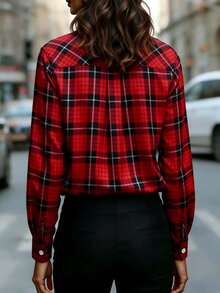 女士格子长袖衬衫领上衣，红白格纹，常规版型，无弹力涤纶面料 - 紅色 - 查看 3