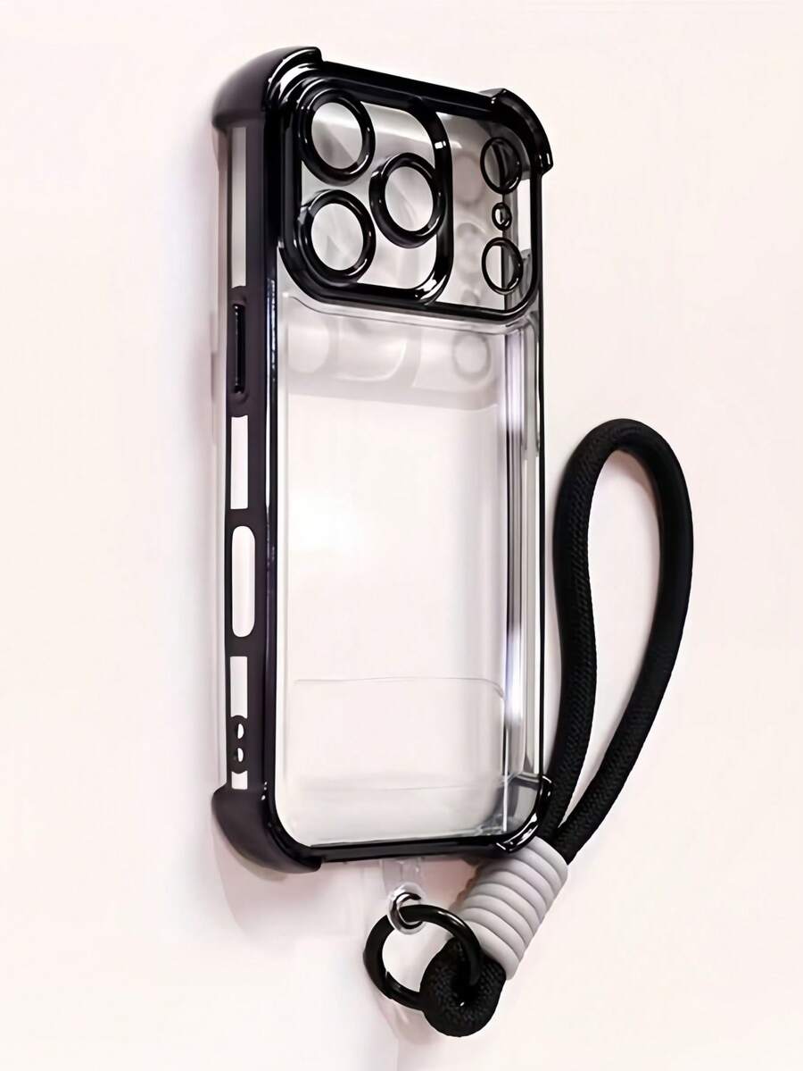 1pc Luxury Fashion Airbag Protective Camera Lens Film Sticker With Lanyard Phone Case Compatible With Apple 6/7/8/X/XS/XR/11/12/13/14/15/16/16E/17/17PM, Galaxy S22/23/24/25/S24 FE/S25 EDGE, A04/05/06/A14/A15/A16/A24/A25/A34, Redmi Note 7/8/9/10/11/12/13, Redmi 9/10/12/13C - Black - View 1