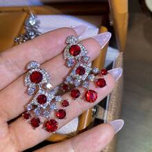 1 Pair Creative Fashion Super Shiny Red  Rhombus Earrings Vintage Court Style Luxurious Elegant High-End Women's Earrings Suitable For Women's Parties Banquets Festivals - 紅色 - 查看 8