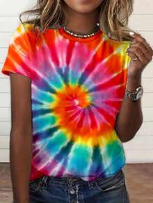 Women's Summer Casual Short Sleeve T-Shirt - Bright Rainbow Spiral Tie-Dye Print, Round Neck Regular Fit, Suitable For Daily Wear, Cute Summer Outfit, Soft Fabric Casual Round Neck Top, Women's Clothing, Machine Washable, Comfortable Fit, Versatile For Everyday Wear - Màu sắc hỗn hợp - Xem 2