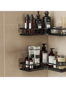 3pcs No Drill Stainless Steel Bathroom Storage Rack, Corner Shower Shelf, Wall Mounted Adhesive Shower Caddy, Soap Dispenser Holder, Shampoo Rack - Black - View 8