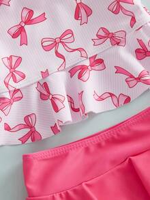 Toddler Baby Girl Bow Swimsuit Bowknot Print Sleeveless Ruffle Top Swim Shorts Sun Hat 3 Pieces Infant Bathing Suits - Pink - View 9