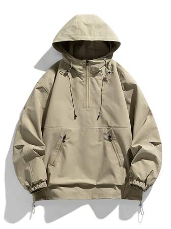 Chaqueta casual de manga larga con capucha con cordón, bolsillo con cremallera, versátil para exteriores, unicolor para hombres