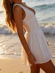 女士波西米亚风刺绣V领迷你连衣裙，可爱优雅，适合度假、派对等场合，白色夏季款 - 白色 - 查看 4