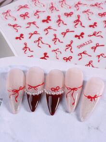 4片红色蝴蝶结美甲贴纸，优雅情人节美甲贴花，包含红色、粉色、白色、黑色蝴蝶结和丝带设计，自粘式可爱美甲配件，DIY滑动式美甲装饰，日式美甲 - 彩色 - 查看 8
